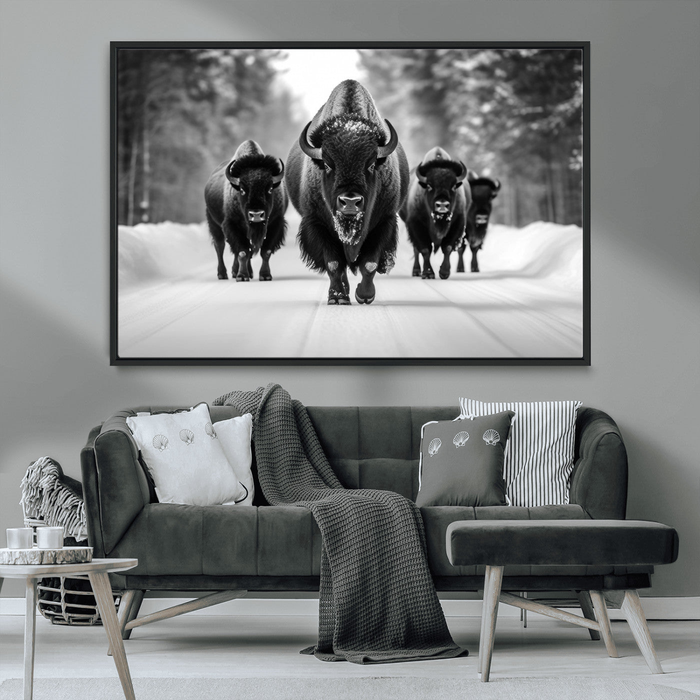 45287-MGV-CV-36X24-Bison Herd Wall Art – Black and White Buffalo Snow Road Canvas Print, Rustic Wildlife Decor for Cabin, Lodge or Living Room