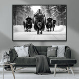 45287-MGV-CV-36X24-Bison Herd Wall Art – Black and White Buffalo Snow Road Canvas Print, Rustic Wildlife Decor for Cabin, Lodge or Living Room