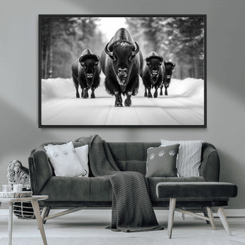 45287-MGV-CV-36X24-Bison Herd Wall Art – Black and White Buffalo Snow Road Canvas Print, Rustic Wildlife Decor for Cabin, Lodge or Living Room