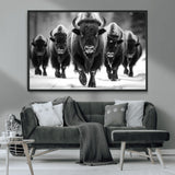 79872-MGV-CV-36X24-Bison Herd Wall Art – Black and White Buffalo on Snow Canvas Print, Rustic Wildlife Decor for Lodge, Cabin, or Living Room