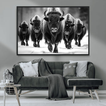 79872-MGV-CV-36X24-Bison Herd Wall Art – Black and White Buffalo on Snow Canvas Print, Rustic Wildlife Decor for Lodge, Cabin, or Living Room