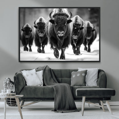 79872-MGV-CV-36X24-Bison Herd Wall Art – Black and White Buffalo on Snow Canvas Print, Rustic Wildlife Decor for Lodge, Cabin, or Living Room