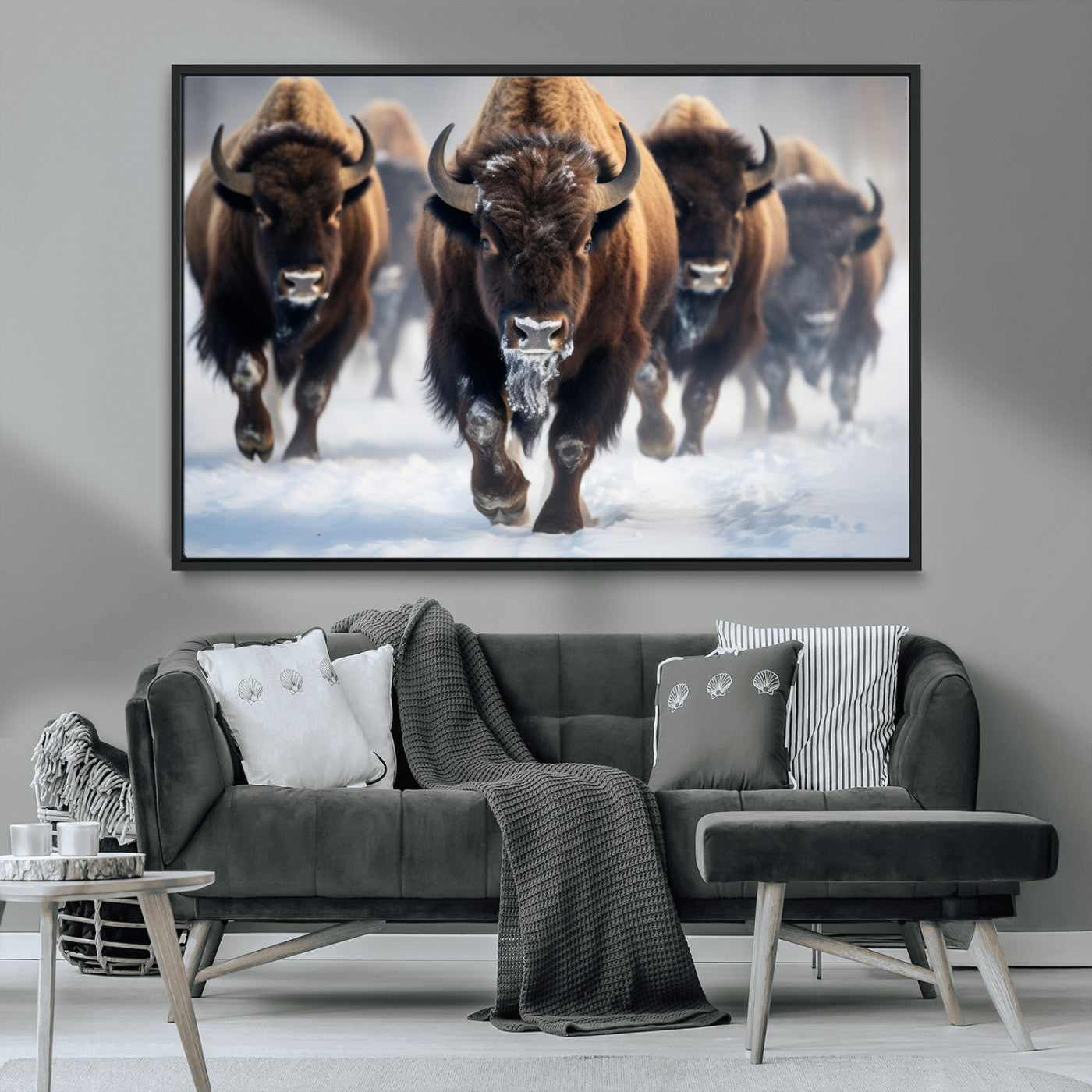 80512-MGV-CV-36X24-Bison Herd Wall Art – Buffalo Running in Snow Canvas Print, Rustic Wildlife Photography Decor for Cabin, Lodge, or Living Room