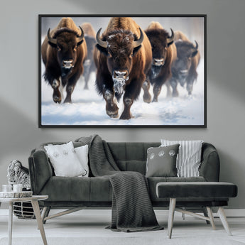 80512-MGV-CV-36X24-Bison Herd Wall Art – Buffalo Running in Snow Canvas Print, Rustic Wildlife Photography Decor for Cabin, Lodge, or Living Room