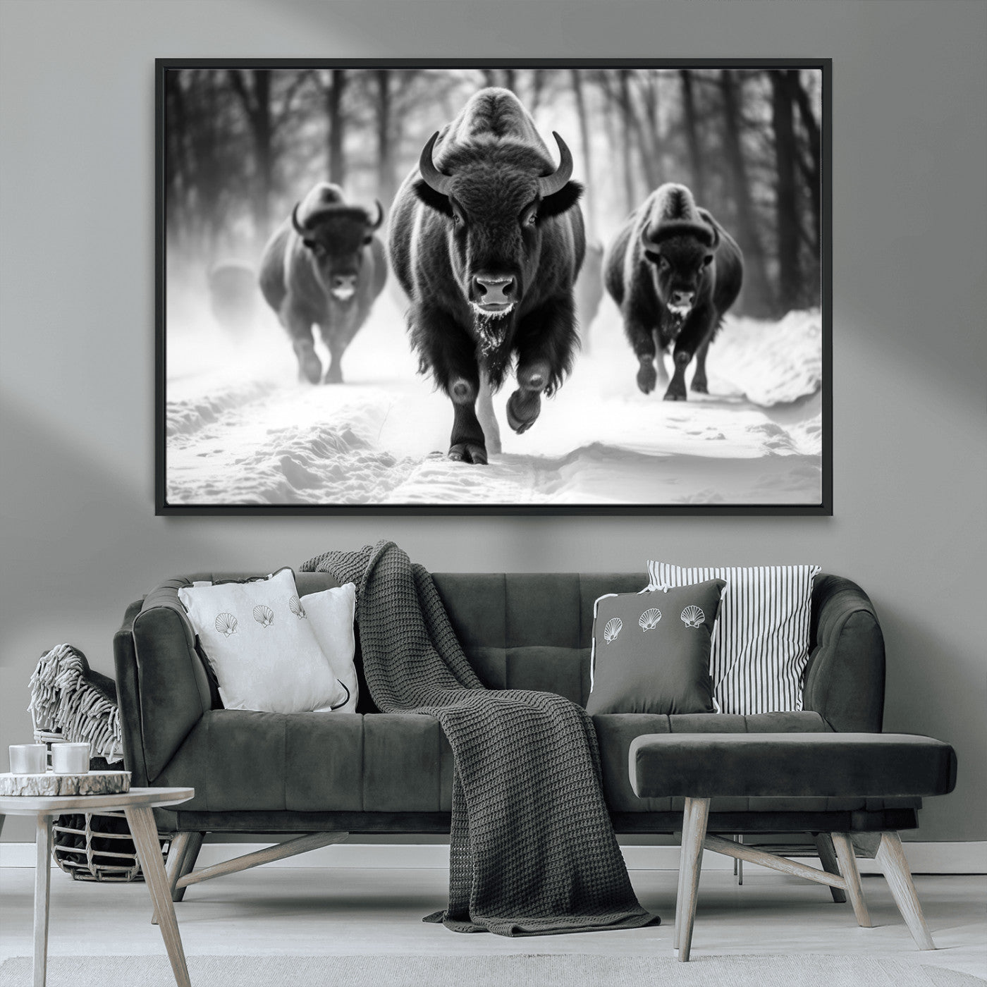 97552-MGV-CV-36X24-Black and White Bison Wall Art – Buffalo Herd Running in Snow Canvas Print, Rustic Wildlife Photography Decor for Cabin, Lodge, or
