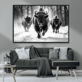 97552-MGV-CV-36X24-Black and White Bison Wall Art – Buffalo Herd Running in Snow Canvas Print, Rustic Wildlife Photography Decor for Cabin, Lodge, or