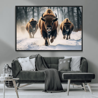 56549-MGV-CV-36X24-Wild Bison Wall Art – Majestic Buffalo Herd Running in Snow Canvas Print, Rustic Wildlife Photography Decor for Cabin, Lodge, or