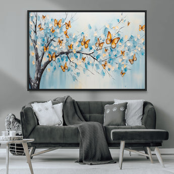 59455-MGV-CV-36X24-Butterfly Tree Branch Wall Art – Blue and Yellow Abstract Canvas Print, Modern Nature Artwork for Living Room, Bedroom or Office