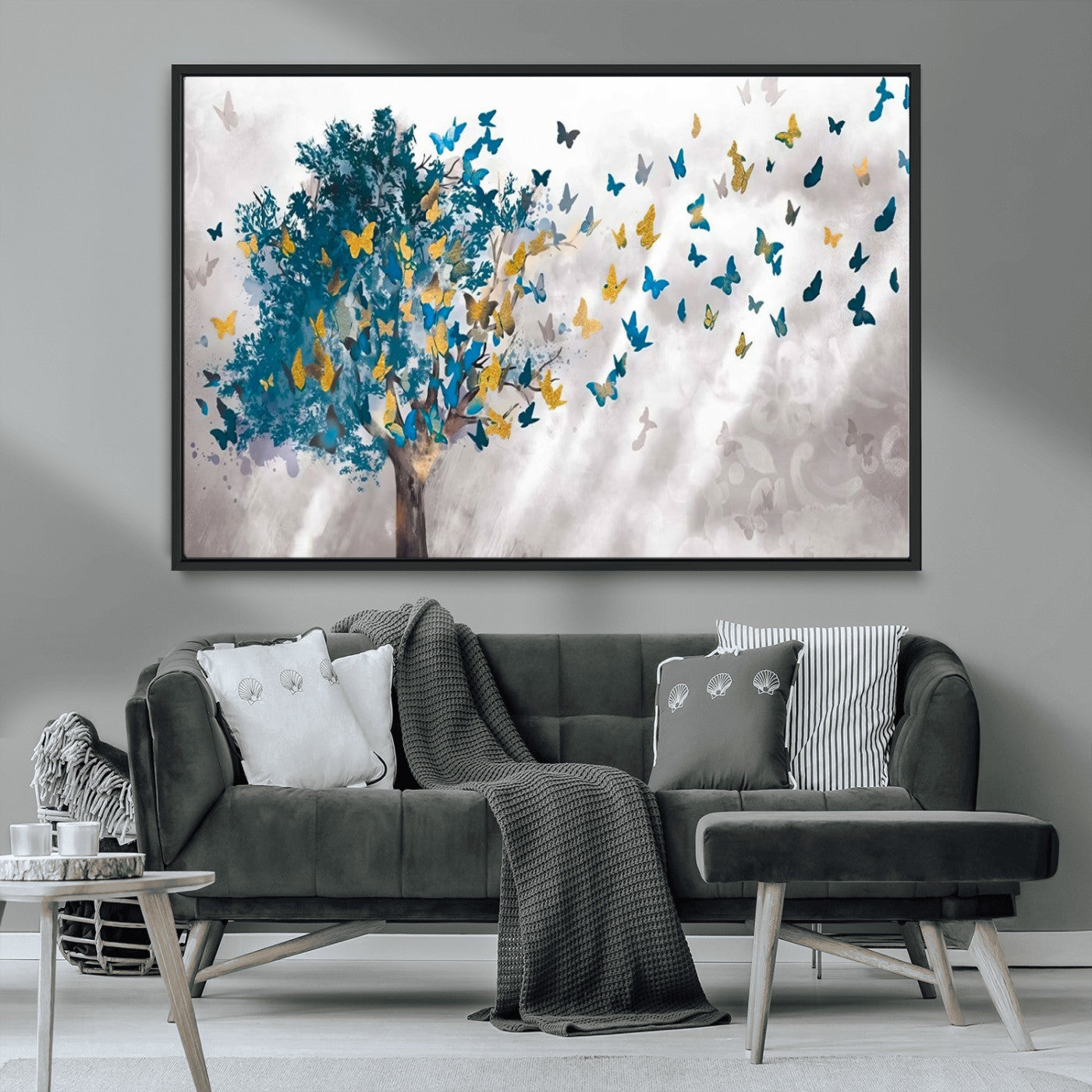 37564-MGV-CV-36X24-Butterfly Tree Wall Art – Modern Nature Canvas Print with Blue and Golden Butterflies, Elegant Decorative Painting for Living Room