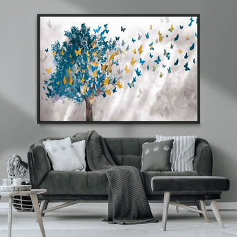 37564-MGV-CV-36X24-Butterfly Tree Wall Art – Modern Nature Canvas Print with Blue and Golden Butterflies, Elegant Decorative Painting for Living Room
