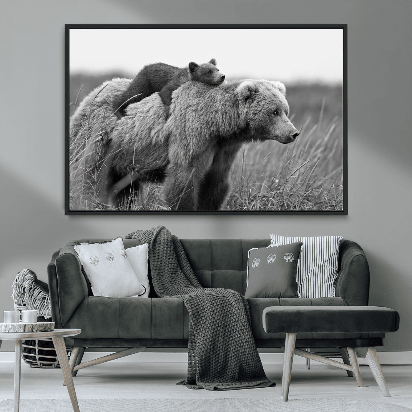 76338-MGV-CV-36X24-Mother Bear and Cub Wall Art – Black and White Wildlife Canvas Print, Rustic Nature Photography for Cabin, Living Room or Office