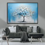 25021-MGV-CV-36X24-Abstract Tree Wall Art – Blue and White Canvas Painting with Gold Accents, Modern Nature-Inspired Artwork for Living Room, Bedroom