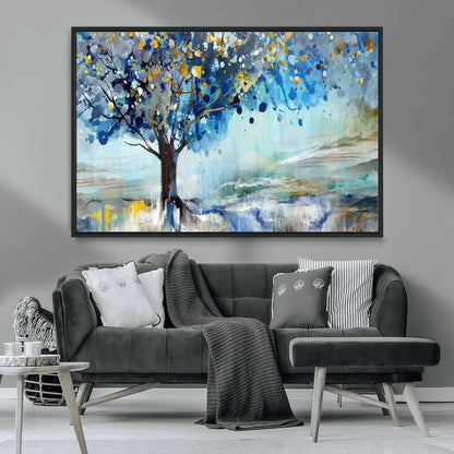 17018-MGV-CV-36X24-Abstract Blue Tree Wall Art – Colorful Canvas Painting with Gold and Silver Accents, Modern Nature Artwork for Living Room,
