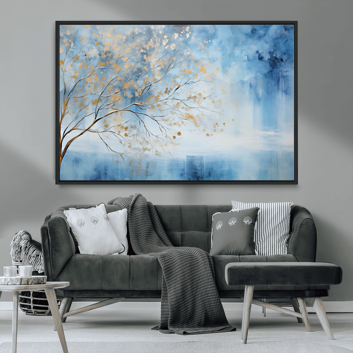 23891-MGV-CV-36X24-Abstract Tree Wall Art – Minimalist Blue and Gold Canvas Painting, Elegant Nature-Inspired Artwork for Living Room, Bedroom or