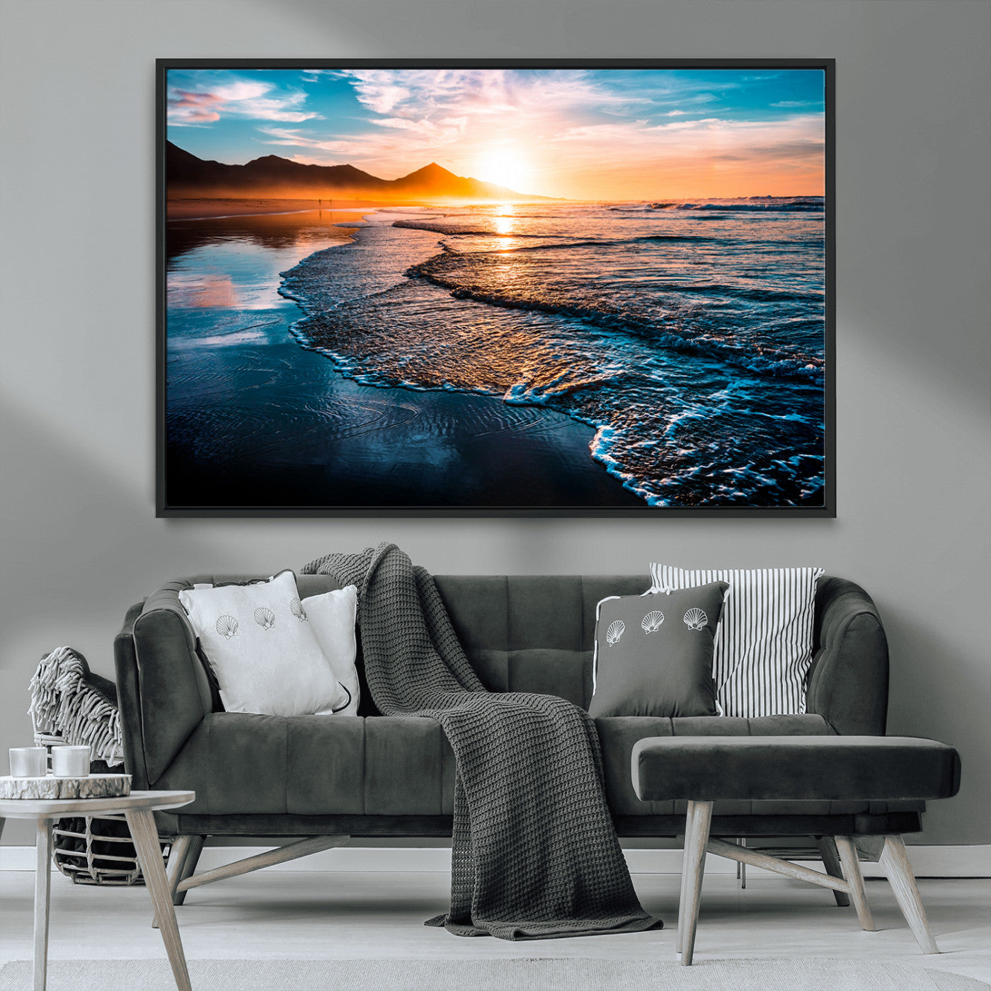 26494-MGV-CV-36X24-Ocean Sunset Wall Art – Scenic Beach Canvas Print with Waves and Mountains, Coastal Seascape Photography for Living Room, Bedroom