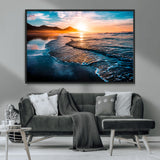 26494-MGV-CV-36X24-Ocean Sunset Wall Art – Scenic Beach Canvas Print with Waves and Mountains, Coastal Seascape Photography for Living Room, Bedroom