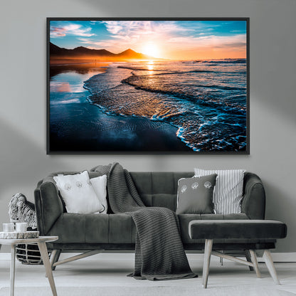 26494-MGV-CV-36X24-Ocean Sunset Wall Art – Scenic Beach Canvas Print with Waves and Mountains, Coastal Seascape Photography for Living Room, Bedroom