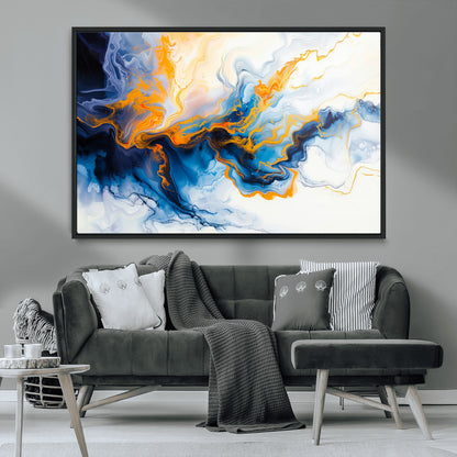 83720-MGV-CV-36X24-Abstract Fluid Wall Art – Blue, White and Gold Swirl Canvas Painting, Modern Contemporary Artwork for Living Room, Bedroom or