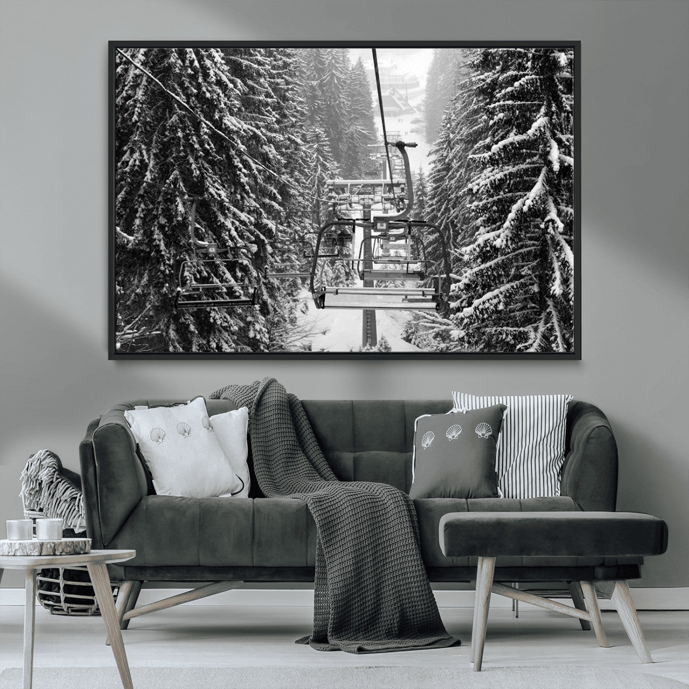 19240-MGV-CV-36X24-Ski Lift Wall Art – Black and White Winter Mountain Canvas Print, Snowy Forest Ski Resort Photography for Cabin, Lodge, Office or