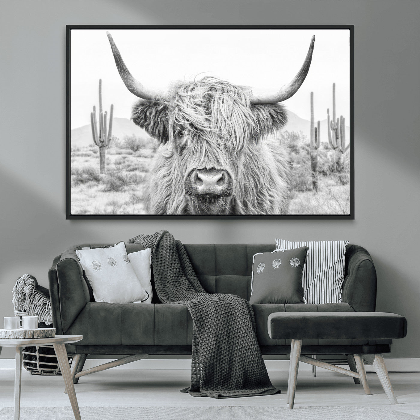 94579-MGV-CV-36X24-Highland Cow Wall Art – Black and White Longhorn Canvas Print, Rustic Western Farmhouse Animal Photography for Living Room,
