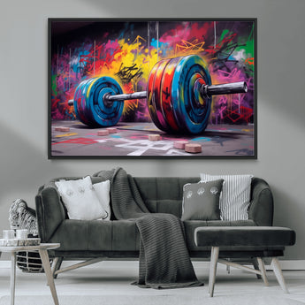 13549-MGV-CV-36X24-Graffiti Gym Wall Art Canvas Print, Framed Graffiti Barbell Art Picture Print, Weightlifting Perfect Fitness Studio Decor Artwork