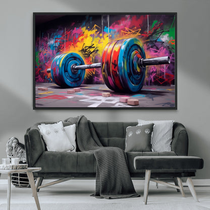 13549-MGV-CV-36X24-Graffiti Gym Wall Art Canvas Print, Framed Graffiti Barbell Art Picture Print, Weightlifting Perfect Fitness Studio Decor Artwork