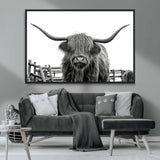 58188-MGV-CV-36X24-Highland Cow Wall Art – Black and White Rustic Farmhouse Canvas Print, Longhorn Cattle Photography Decor for Living Room or