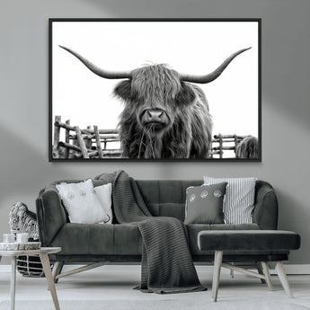 58188-MGV-CV-36X24-Highland Cow Wall Art – Black and White Rustic Farmhouse Canvas Print, Longhorn Cattle Photography Decor for Living Room or