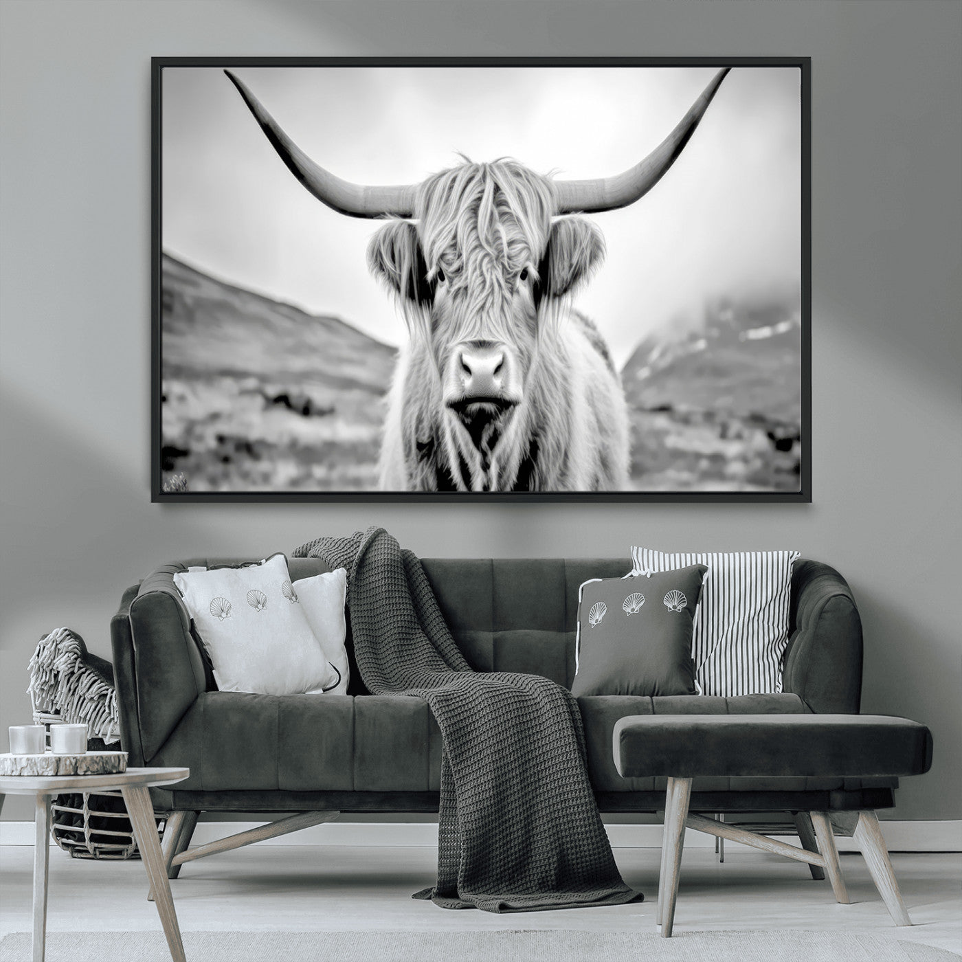 80564-MGV-CV-36X24-Highland Cow Wall Art – Black and White Scottish Highland Canvas Print, Rustic Farmhouse Decor for Living Room, Bedroom or Office