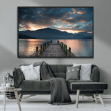 20442-MGV-CV-36X24-Lakeside Sunset Dock Wall Art – Peaceful Mountain Lake Canvas Print, Serene Nature Landscape Decor for Living Room, Bedroom or