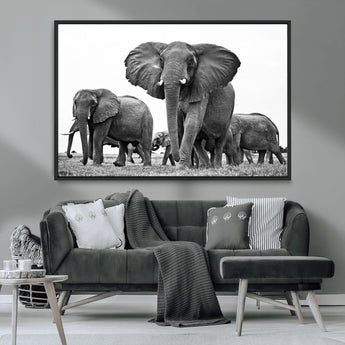 91685-MGV-CV-36X24-Elephant Herd Wall Art – Black and White Safari Canvas Print, African Wildlife Photography Decor for Living Room, Office or