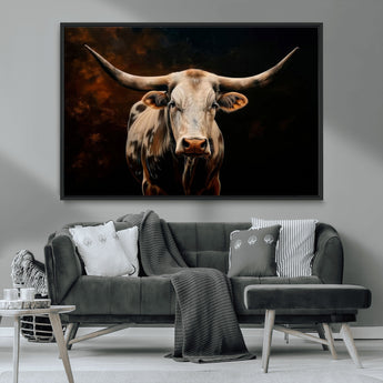 70522-MGV-CV-36X24-Longhorn Bull Wall Art – Striking Canvas Print of Majestic Bull, Premium Animal Decor for Home, Office, Man Cave, or Living Room