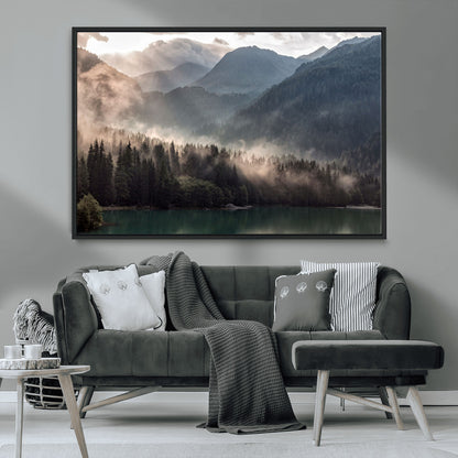 61116-MGV-CV-36X24-Misty Mountain Lake Wall Art – Tranquil Foggy Forest and Lake Canvas Print, Scenic Nature Landscape Decor for Living Room or