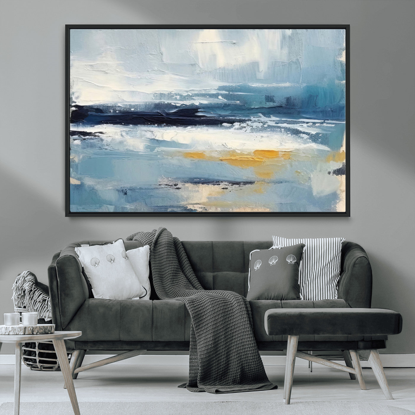 19746-MGV-CV-36X24-Abstract Ocean Wall Art – Modern Coastal Canvas Print with Blue, White and Gold Textures, Contemporary Seascape Painting for