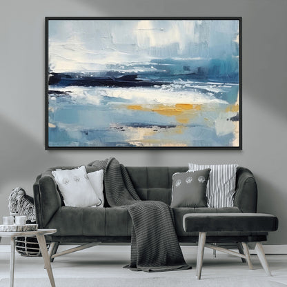 19746-MGV-CV-36X24-Abstract Ocean Wall Art – Modern Coastal Canvas Print with Blue, White and Gold Textures, Contemporary Seascape Painting for