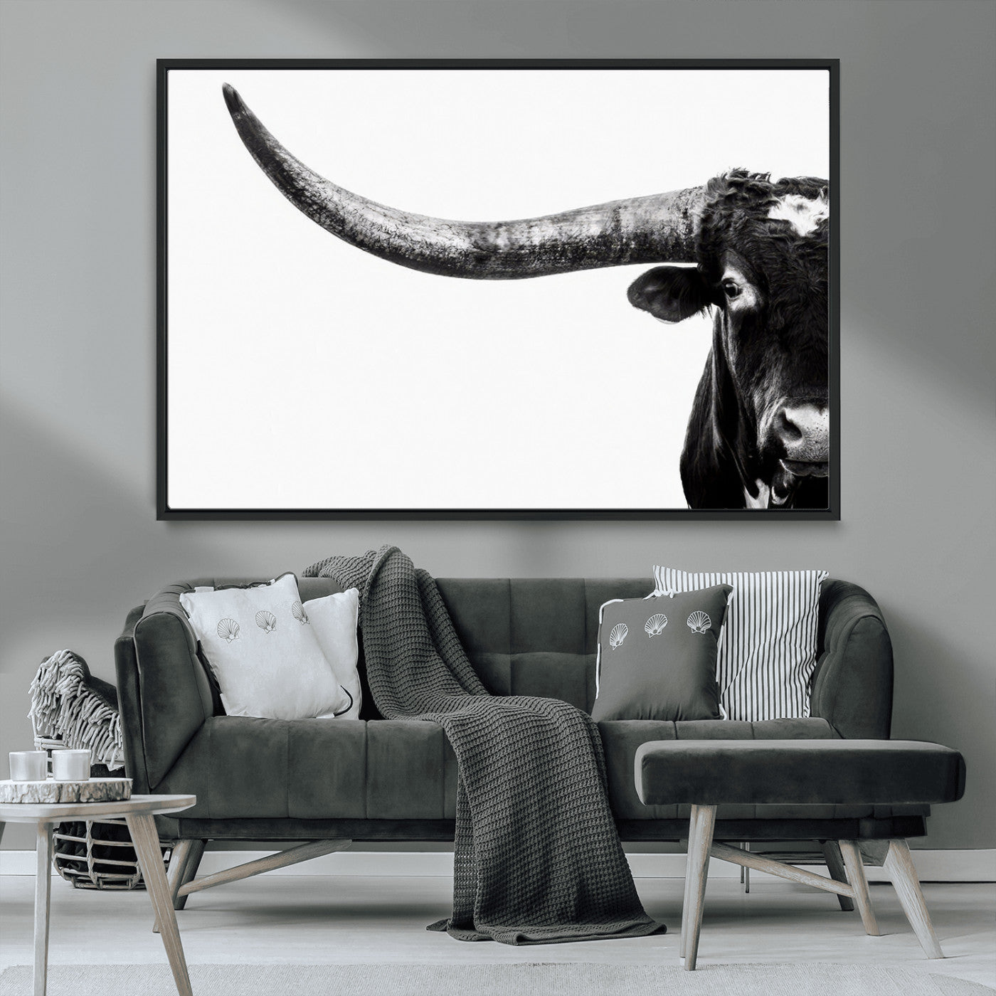 31699-MGV-CV-36X24-Longhorn Wall Art – Black and White Texas Longhorn Cow Canvas Print, Rustic Western Farmhouse Artwork for Living Room, Bedroom or