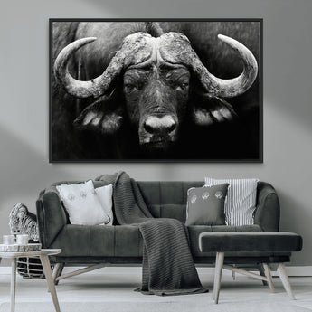 75273-MGV-CV-36X24-Buffalo Wall Art – Black and White African Buffalo Canvas Print, Rustic Wildlife Animal Artwork for Farmhouse, Living Room,