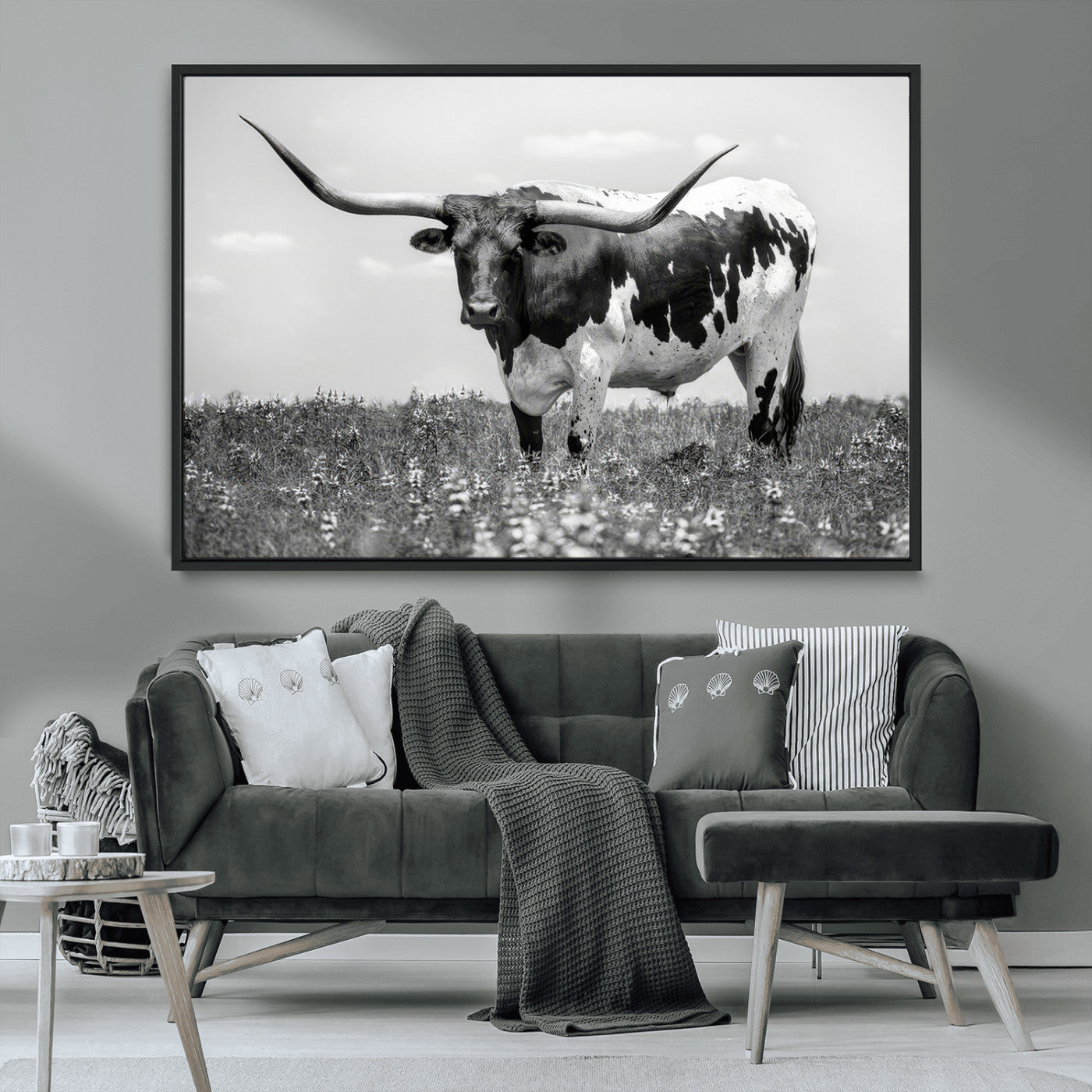 94709-MGV-CV-36X24-Texas Longhorn Wall Art – Black and White Bull Photography Canvas Print, Western Farmhouse Wall Decor for Living Room, Office or