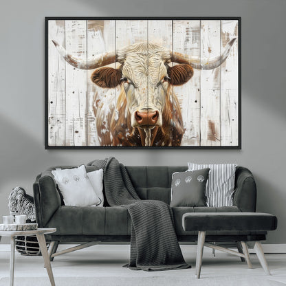 71551-MGV-CV-36X24-Longhorn Bull Wall Art – Rustic Western Cow Canvas Print, Farmhouse Animal Painting with Wood Plank Style for Living Room, Office