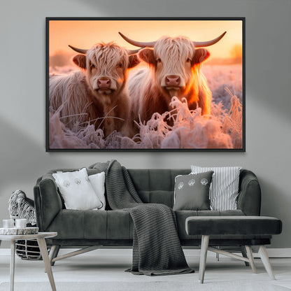 68253-MGV-FC-36X24_Black-Highland Cow Wall Art – Rustic Farmhouse Cattle Canvas Print, Frosty Sunset Animal Artwork for Living Room, Bedroom or Country
