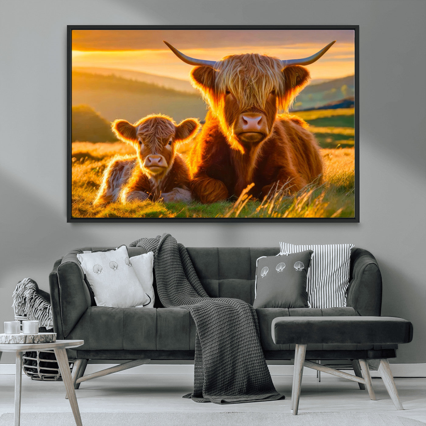 20567-MGV-CV-36X24-Highland Cow and Calf Wall Art – Rustic Farmhouse Sunset Cattle Canvas Print, Country Animal Artwork for Living Room, Bedroom, or