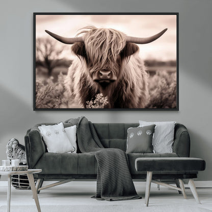 55903-MGV-CV-36X24-Highland Cow Wall Art – Rustic Sepia Scottish Highland Bull Canvas Print, Farmhouse Country Animal Decor for Living Room, Bedroom