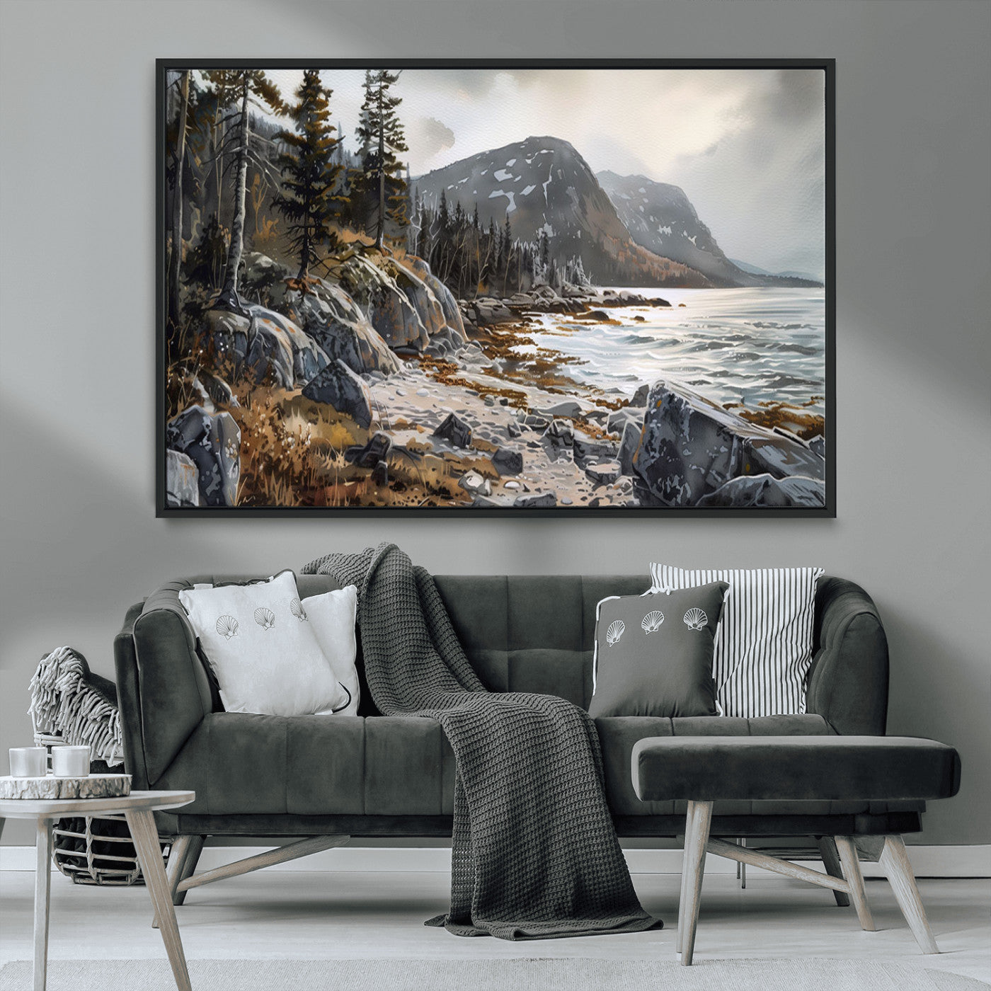 41281-MGV-FC-36X24_Black-Rocky Shoreline Wall Art – Panoramic Mountain Coast and Forest Canvas Print, Rustic Nature Landscape Decor for Cabin, Lodge, or
