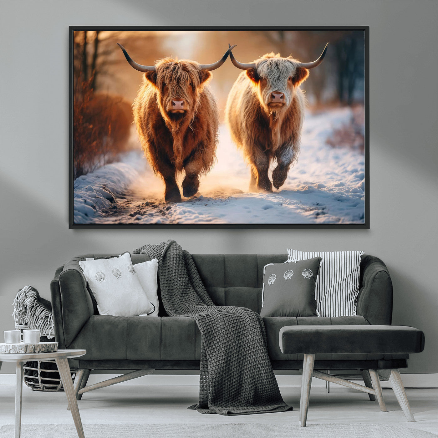 50490-MGV-FC-36X24_Black-Highland Cow Wall Art – Rustic Panoramic Canvas Print Two Cattle Snowy Landscape, Farmhouse Country Decor for Living Room Office