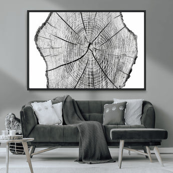 98709-MGV-FC-36X24_Black-Tree Ring Wall Art – Black and White Canvas Print Rustic Wood Cross Section, Minimal Nature Inspired Decor for Living Room,