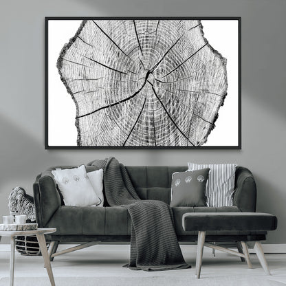 98709-MGV-FC-36X24_Black-Tree Ring Wall Art – Black and White Canvas Print Rustic Wood Cross Section, Minimal Nature Inspired Decor for Living Room,