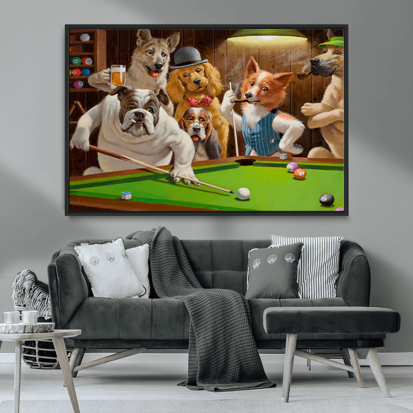 34228-MGV-CV-36X24-Dogs Playing Pool Wall Art Canvas Print, Framed Funny Dog Art Picture Print, Dog Perfect Game Room Decor Artwork