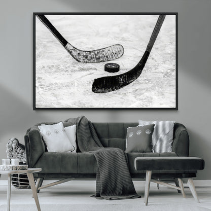 82900-MGV-CV-36X24-Hockey Wall Art – Black and White Canvas Print Ice Rink Sticks Puck Sports Photography, Modern Decor for Game Room, Man Cave,