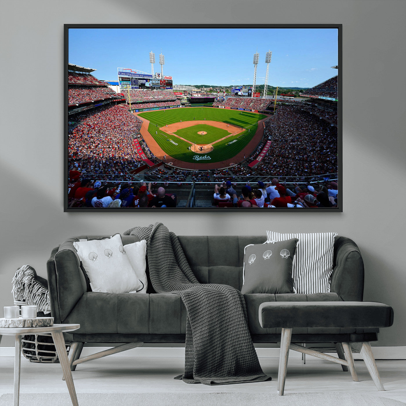 90998-MGV-CV-36X24-Baseball Stadium Wall Art – Canvas Print Day Game Field Packed Crowd Bright Blue Sky Sports Photography, Classic Decor for Game