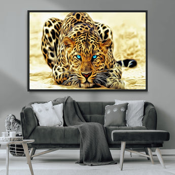 45281-MGV-FC-36X24_Black-Blue Eye Leopard Wall Art Canvas Print, Framed Leopard Painting Art Picture Print, Big Cat Perfect Safari Wildlife Decor Artwork